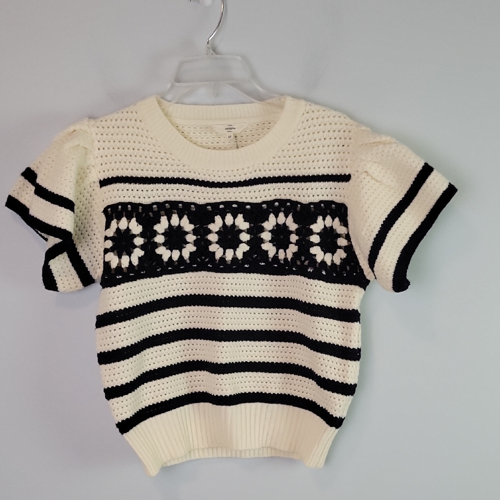Entro Cream Stripe Granny Square Flutter Sleeve Knit Sweater